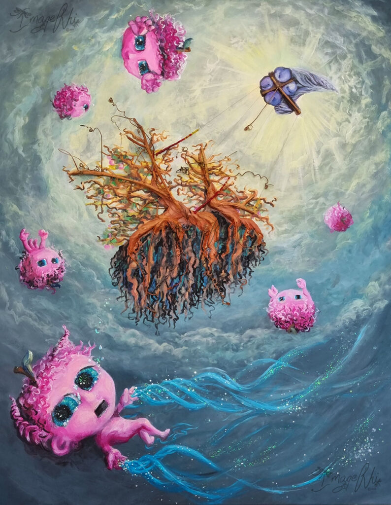 Falling Forbidden Fruit of the Uprooted Family Tree After Millennia of Dic*tatorship 75x60cm There is a theory that the biblical tree, forbidden to Adam and Eve, was not only that of the Tree of Knowledge, but also a representation the Family Tree. The forbidden fruit of incest and the ripe temptation that makes men sin. For a long as the ‘Civilized World’ has existed the patriarchy has controlled the moral compass of the family and society. Holding the puppet strings of the family tree, tradition and law. Blood binds these strings. A patriarchal dicktatorship, for thousands of years, unsatisfied men have been rewriting and translation the moral code to fit their agenda. The forbidden fruit are leaving this system, uprooting the family tree. Falling, floating, they reach out to be heard. Silently screaming for change, if you listen you will learn.