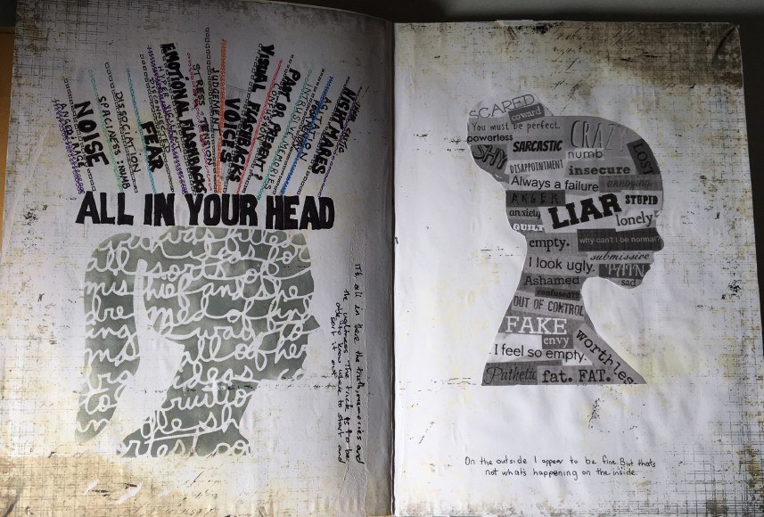 Artwork by Lee Jones, Survivor Advocate, submitted to Voices for Action. Artwork featuring a silhouette profile of a person’s head and shoulder with the phrase "ALL IN YOUR HEAD" across the forehead, surrounded by handwritten labels including "noise" and "fear". An adjacent page features another silhouette profile filled with handwritten words and phrases, with the word "LIAR" prominently displayed, and this statement below: "On the outside I appear to be fine. But that's not what's happening on the inside."