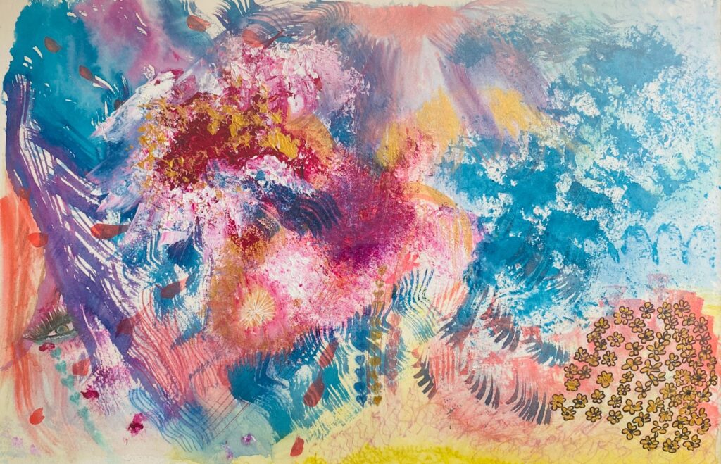 Artwork by Mel Clark, Lived Experience, Survivor Advocate, submitted to Voices for Action. "This picture is an artwork that I created to reflect my healing transformation process. The working through 'what happened', the grief and the suffering that I once felt but hadn't let go of. This represents my grief through the hard and to the other side of my situation. A personal journey of love and acceptance of myself and the situation that was still holding me back in my life... Through this I found an opportunity for the hard to fall away. Not have it erased but rather a way for me to visualise myself letting go of the process that was very hard. It allowed me in time to let go of the need to carry it within my mind, my body and my spirit. This for me meant that I was able to stop, reflect and find an achievable process to explore my feelings in a safe way. I share this in the hope that demonstrates hope and encouragement that with the right supports, you can find freedom in your mind, body and spirit too... Through timely connection, understanding and compassion, personal transformation was made possible to me... It is my hope that you too and in your own time, you may choose for this too - I found self love, self worth and a willingness and capacity to move on. Forgiveness is now at the heart of my own healing and recovery - it washed over me."