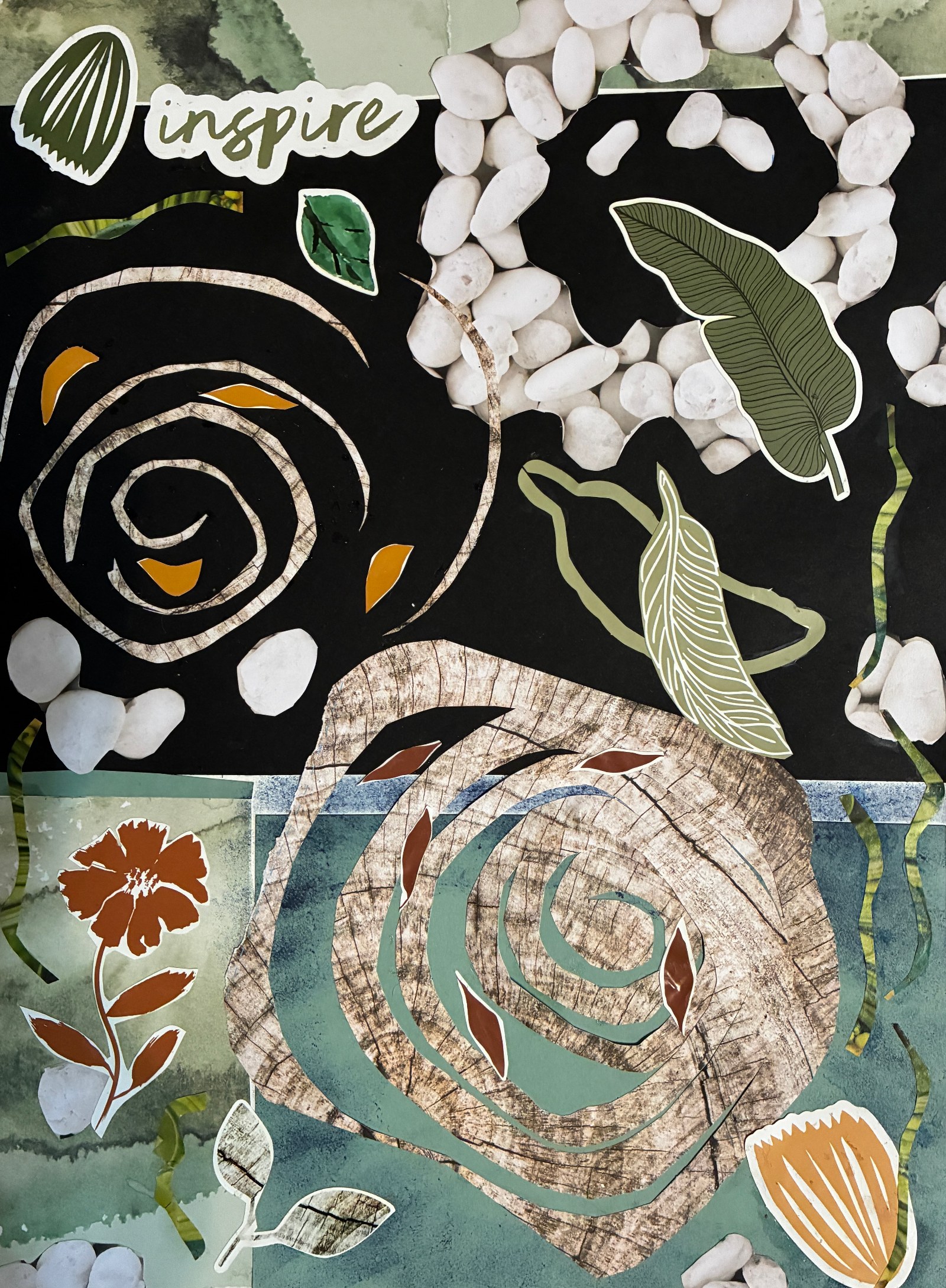 Artwork by Sandra Collins, Lived Experience Advocate, submitted to Voices for Action. Artwork featuring leaves, stones, spiral motifs and botanical forms arranged on a dark background with green and earth-toned elements, with the word "Inspire" incorporated into the composition.